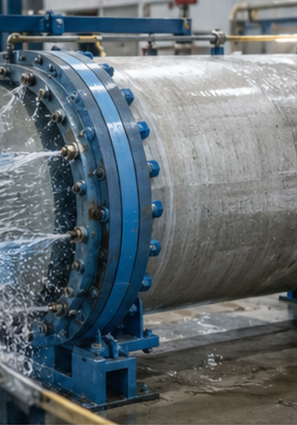 Hydrostatic test rig with water spraying from a pipe joint